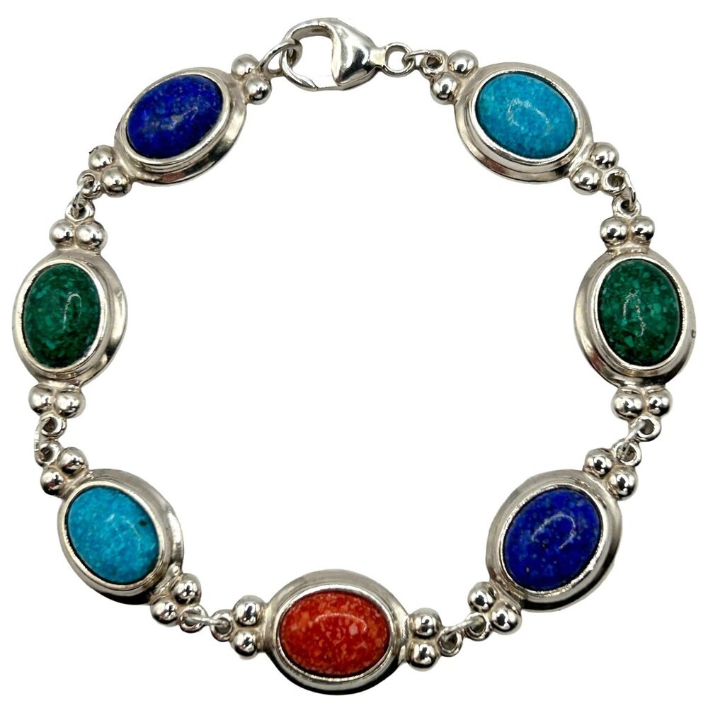 Coleman Co. 925 Sterling Silver Multicolor Stone Panel Bracelet - 7.25"